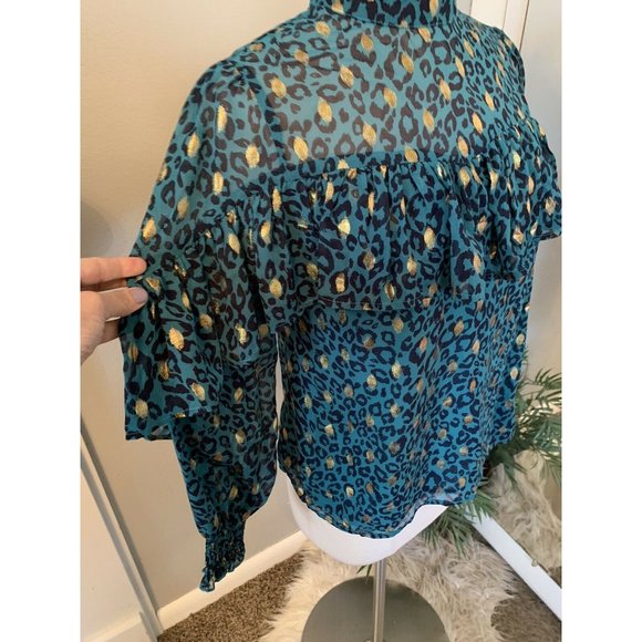 Cheetah Blouse Ruffle High Neck Turquoise Gold S NWT long sleeve animal Print - Picture 3 of 11